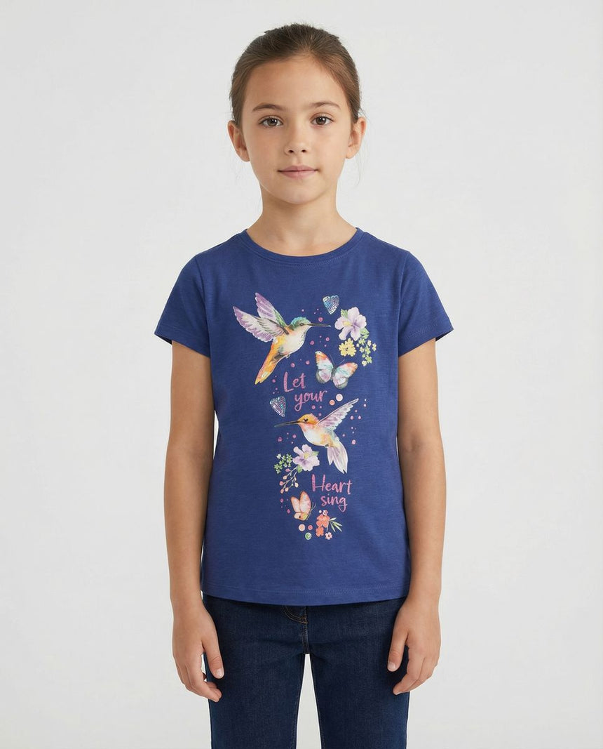Salt and Pepper Mädchen T-Shirt – Exotischer Glanz mit funkelndem Kolibri-Print